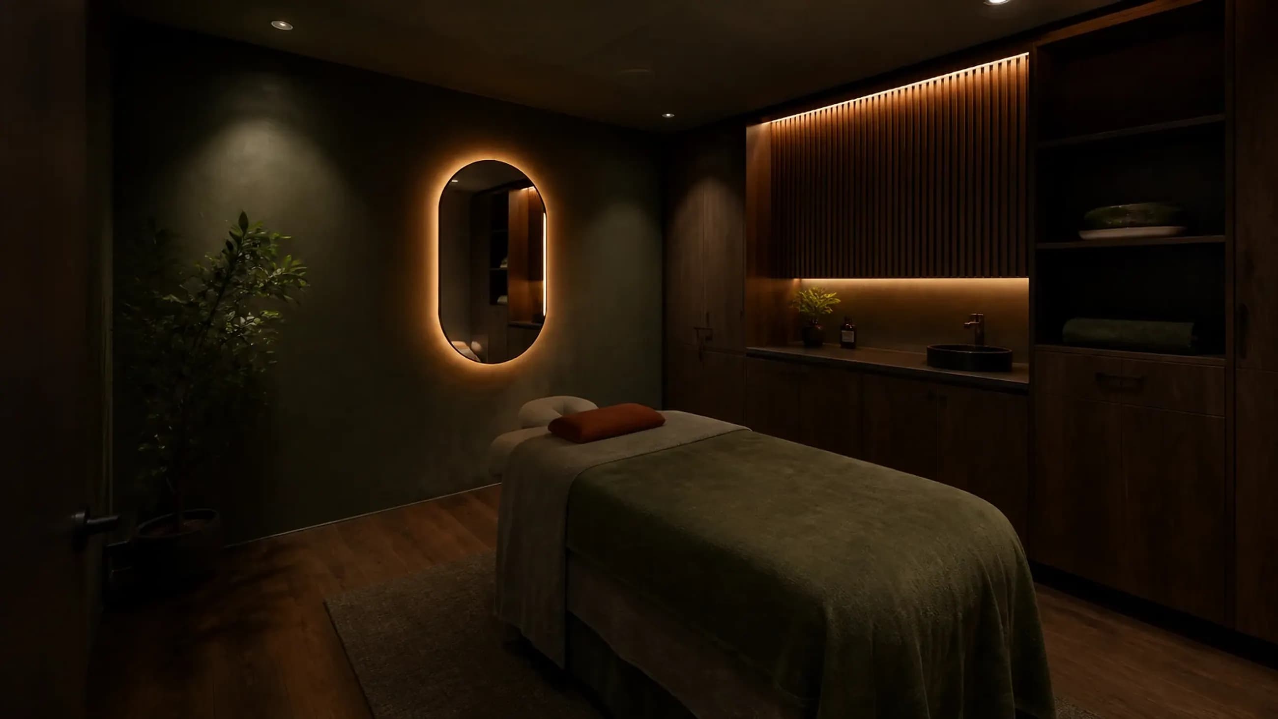 Concept image of a charcoal olive treatment room with amber lighting and a prepared massage table