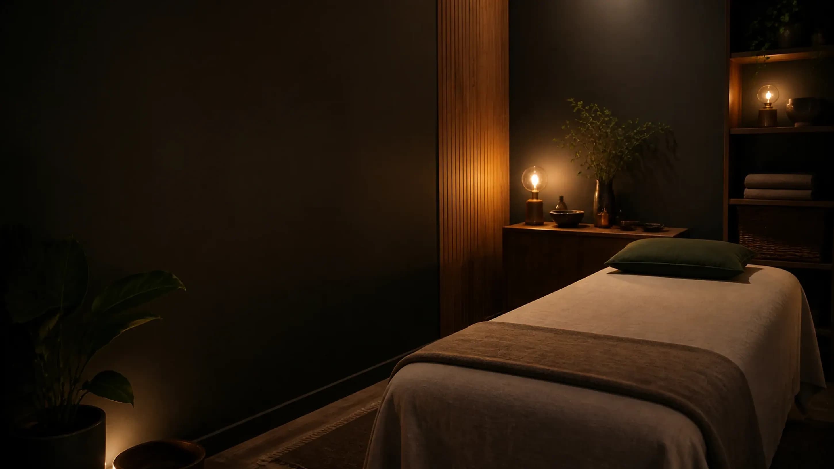 Concept image of an intimate charcoal olive treatment room with a linen table and warm timber lighting