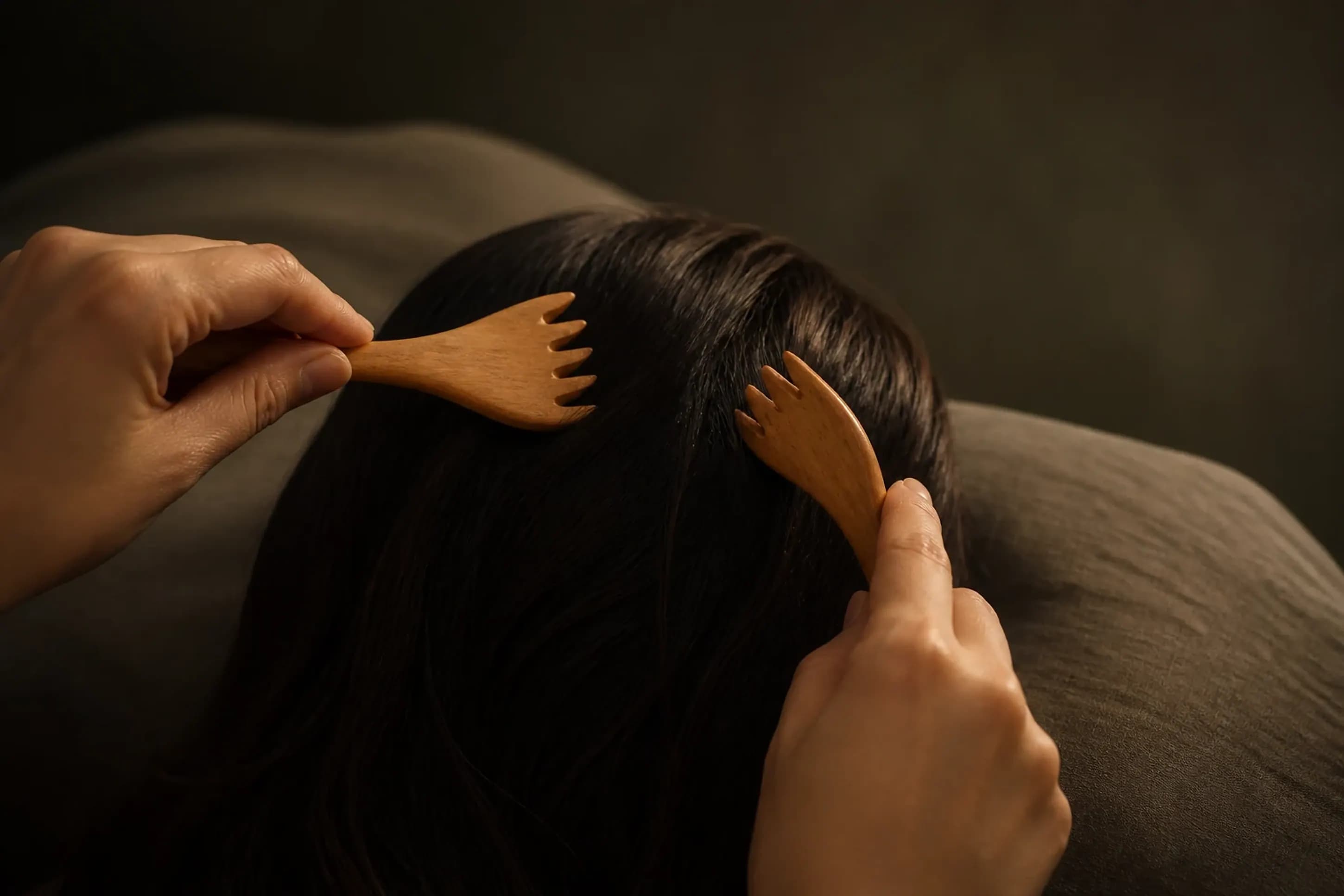Concept image of anonymous hands using simple wooden tools during a quiet scalp ritual